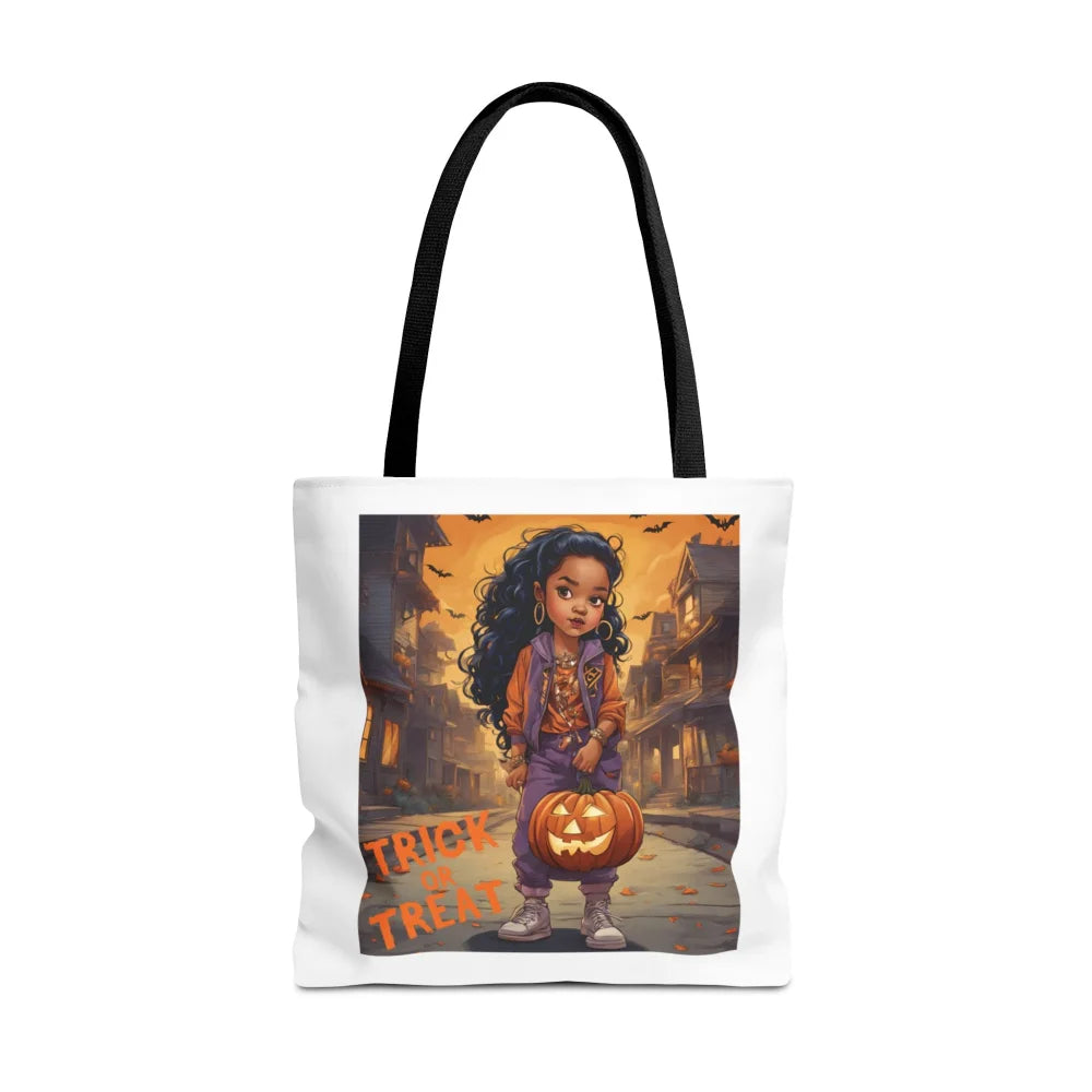 Halloween Tote Bag - Trick Or Treat Young Girl Walking Down Street 16’’ × / Black Bags